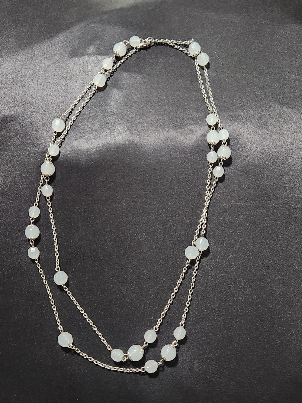 ​Romantic White Layered Cable Chain Necklace Faceted & Smooth Bead Station